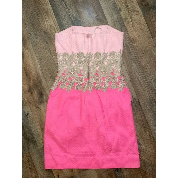 Lilly Pulitzer Kade strapless dress in Pink Tropics with gold embroidery 00 - Picture 5 of 9
